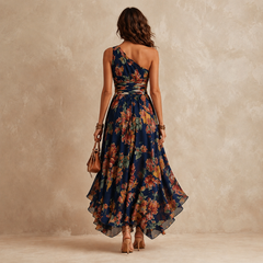 Watercolor floral maxi dress worn with flowing chiffon skirt