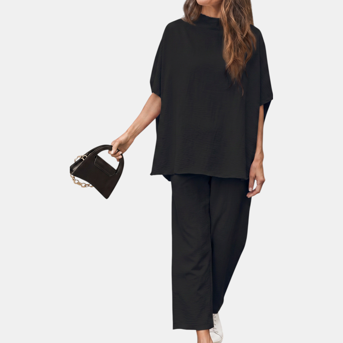 Mock Neck Lounge Set Wide Leg Cropped Pants