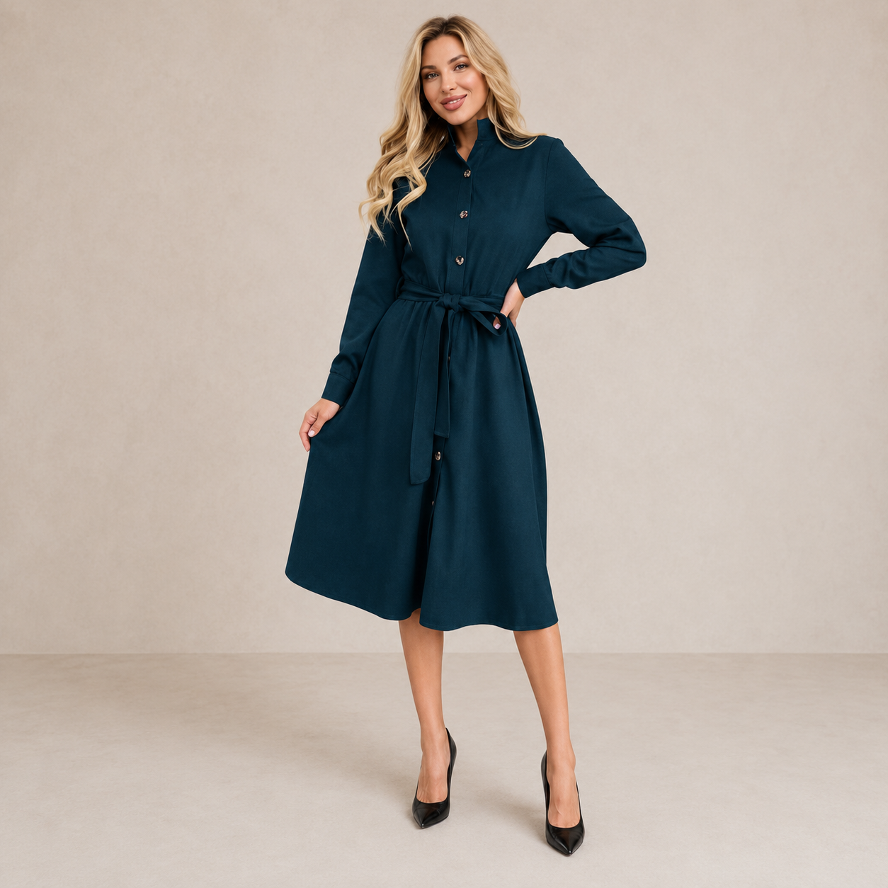 Aurora | Belted Button-Front Midi Dress