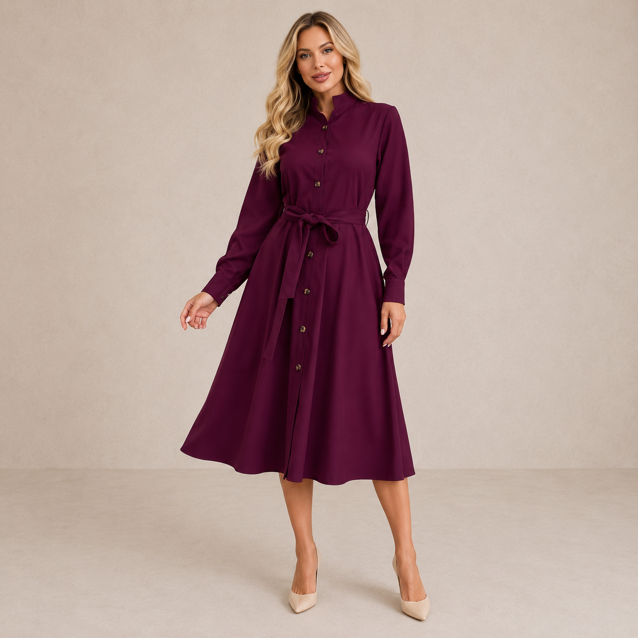 Aurora | Belted Button-Front Midi Dress