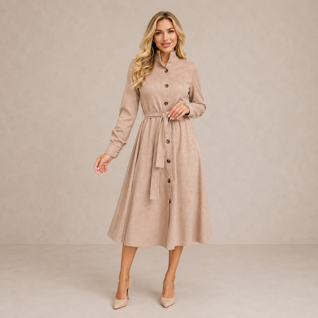 Aurora | Belted Button-Front Midi Dress