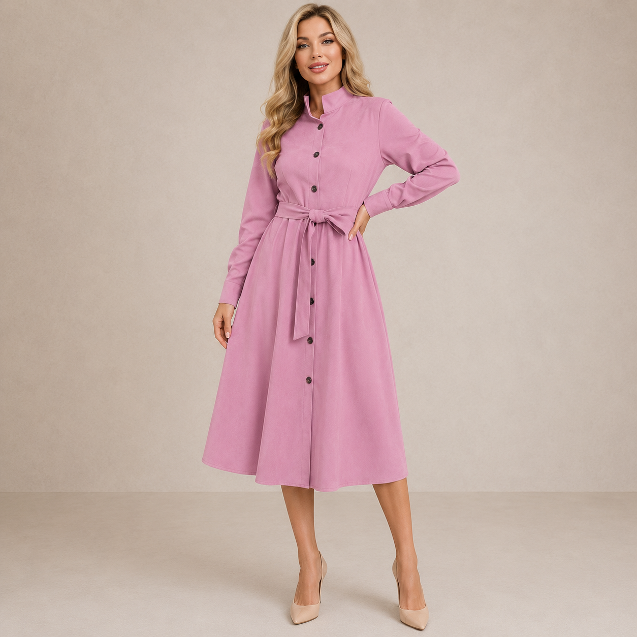 Aurora | Belted Button-Front Midi Dress