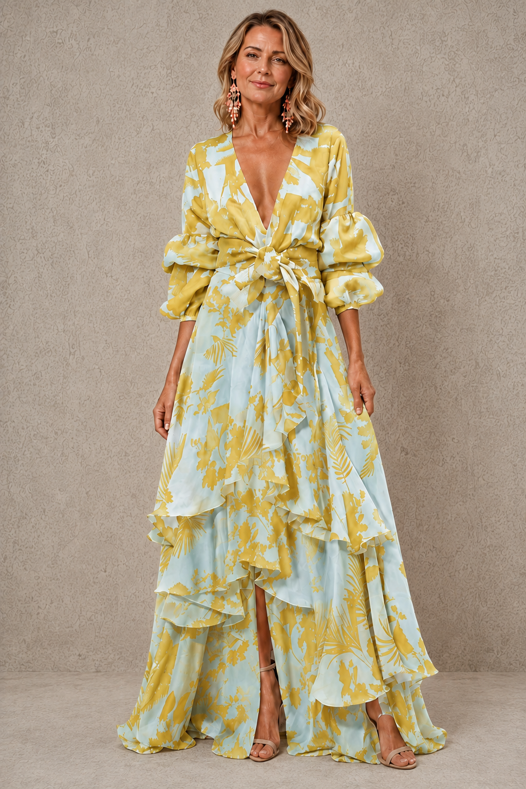 Yellow tiered floral maxi dress with bow belt