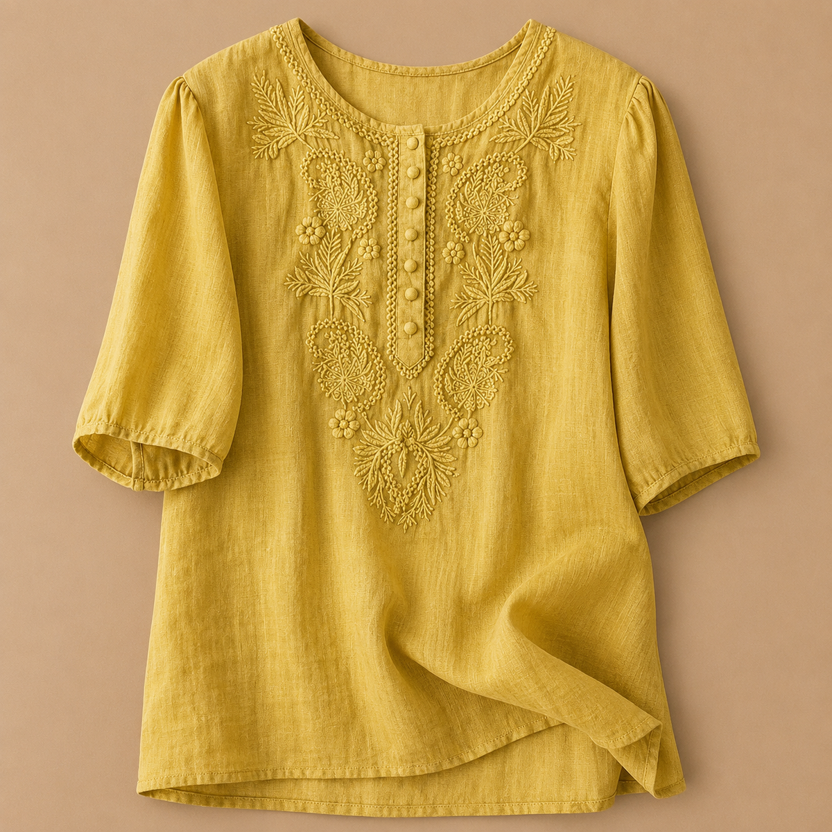 Cotton linen embroidered blouse in yellow