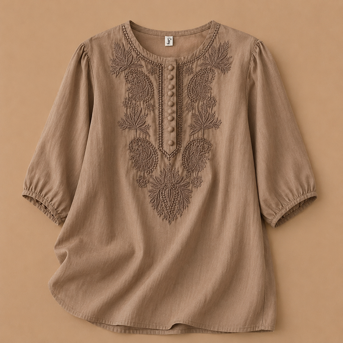 Cotton linen embroidered blouse in dark khaki