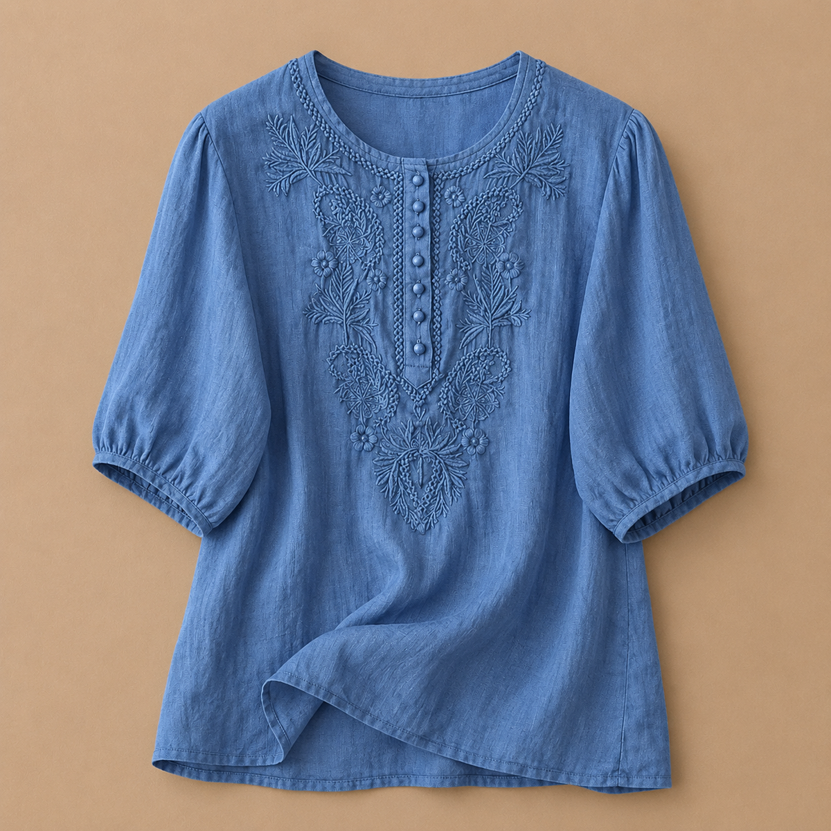 Cotton linen embroidered blouse in blue