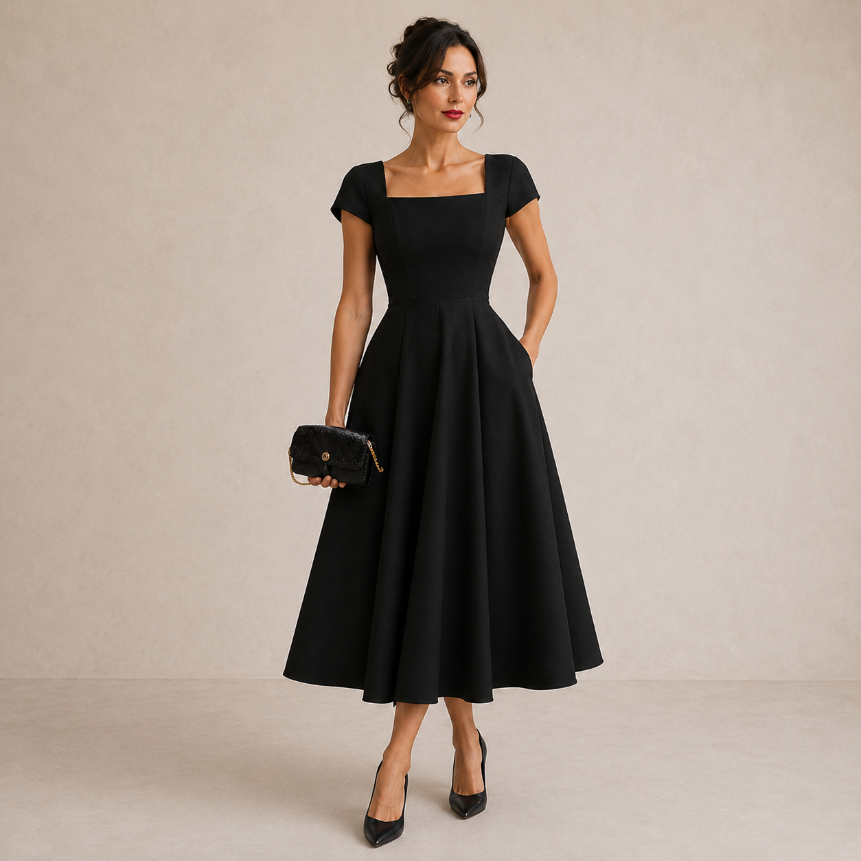 Rosamund | Sweetheart Cap-Sleeve Midi Dress