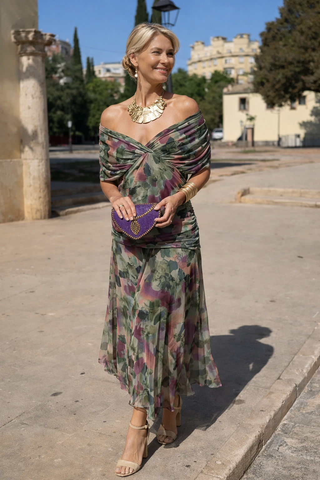 Marella | Sweetheart-Neckline Maxi Dress with Flowing Sleeves