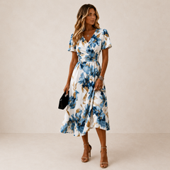 Elara | Watercolor Floral Midi Dress with Waist Tie