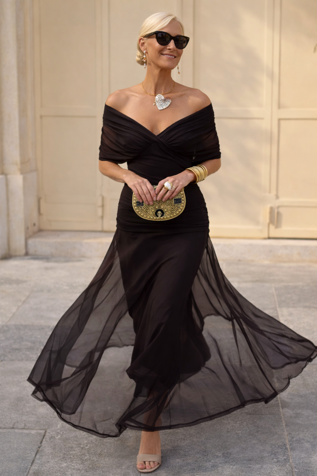 Marella | Sweetheart-Neckline Maxi Dress with Flowing Sleeves