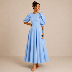 Leah | Puff-Sleeve Midi Dress with Pearl Buttons