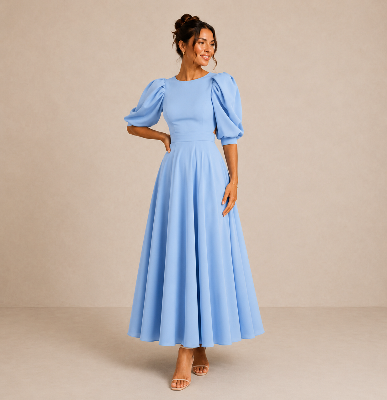 Leah | Puff-Sleeve Midi Dress with Pearl Buttons