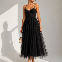 Camilla | Tulle Midi Dress with Open Back and Corset Detail