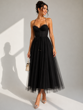 Camilla | Tulle Midi Dress with Open Back and Corset Detail