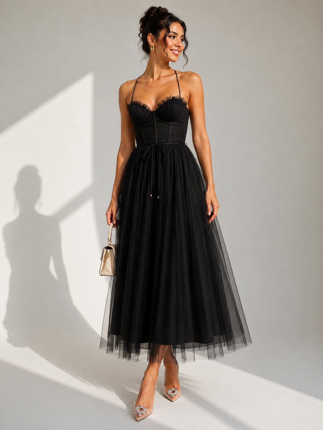 Camilla | Tulle Midi Dress with Open Back and Corset Detail