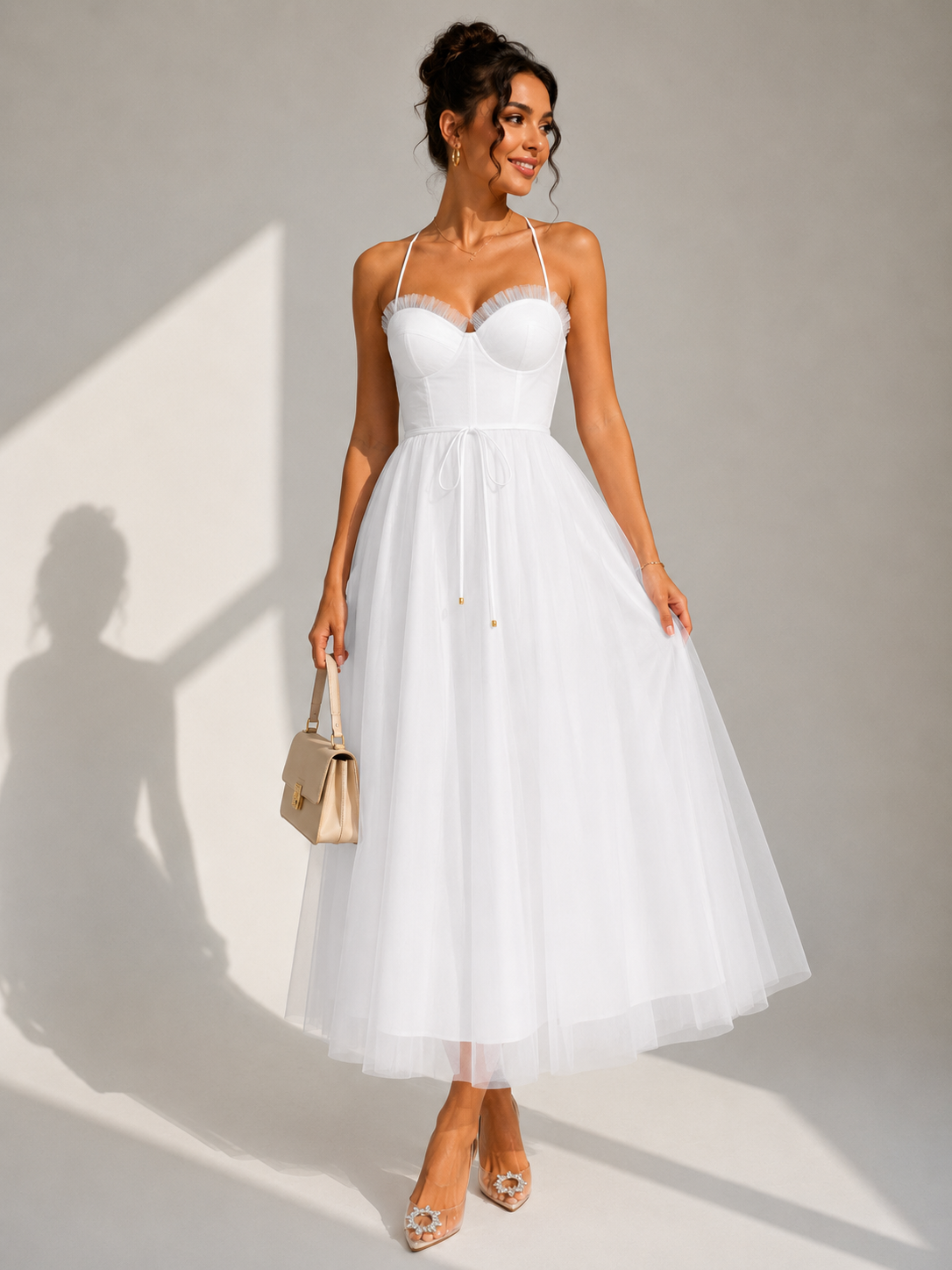 Camilla | Tulle Midi Dress with Open Back and Corset Detail