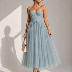 Camilla | Tulle Midi Dress with Open Back and Corset Detail