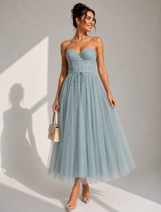 Camilla | Tulle Midi Dress with Open Back and Corset Detail