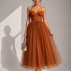 Camilla | Tulle Midi Dress with Open Back and Corset Detail