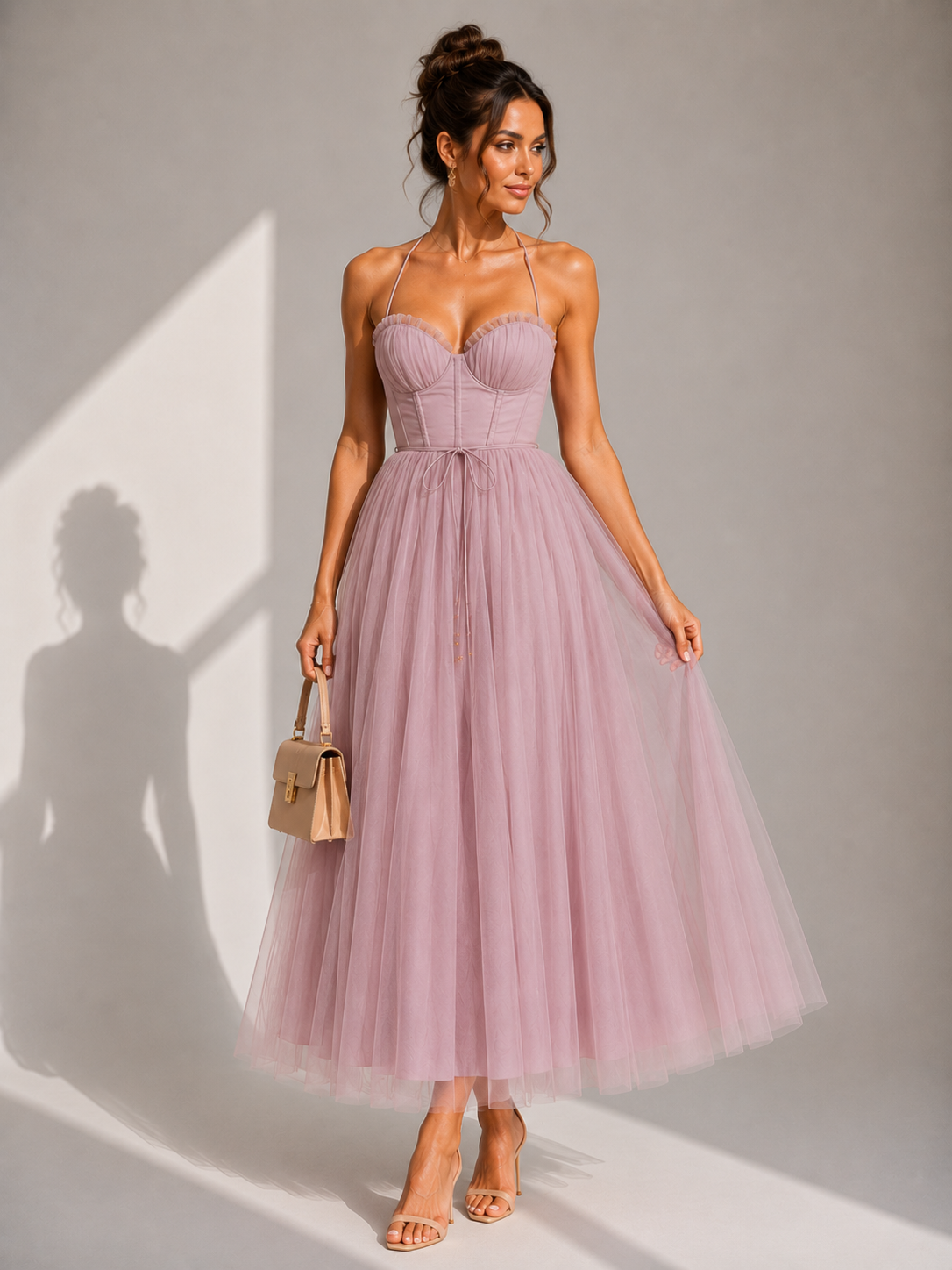 Camilla | Tulle Midi Dress with Open Back and Corset Detail