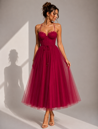 Camilla | Tulle Midi Dress with Open Back and Corset Detail