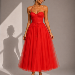 Camilla | Tulle Midi Dress with Open Back and Corset Detail