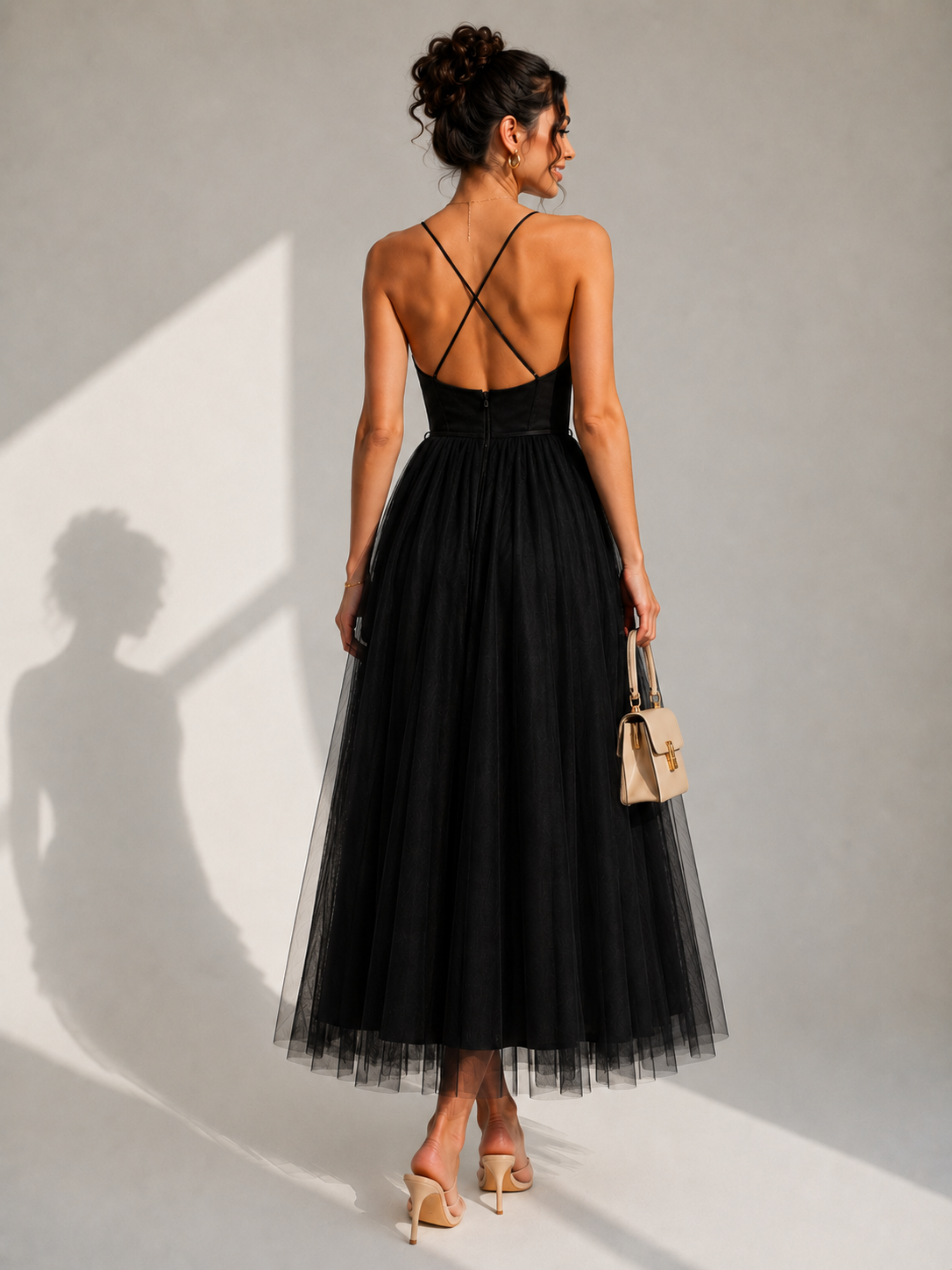 Camilla | Tulle Midi Dress with Open Back and Corset Detail
