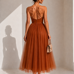 Camilla | Tulle Midi Dress with Open Back and Corset Detail