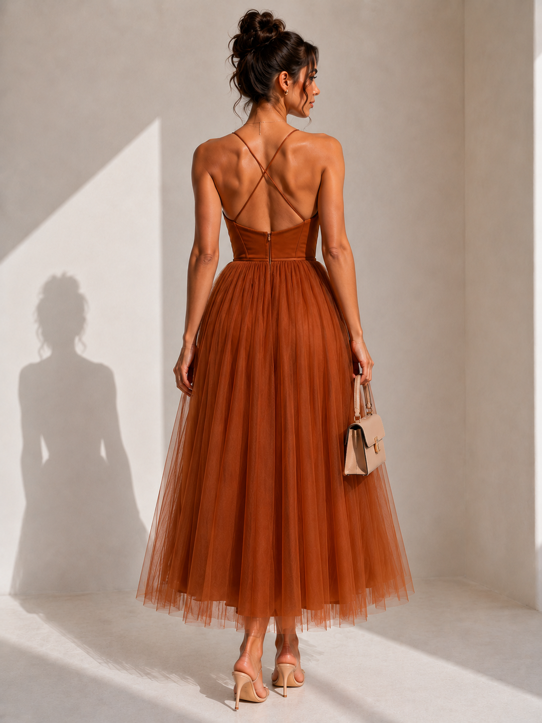 Camilla | Tulle Midi Dress with Open Back and Corset Detail