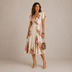 Margaret | Vintage Floral Satin Midi Dress