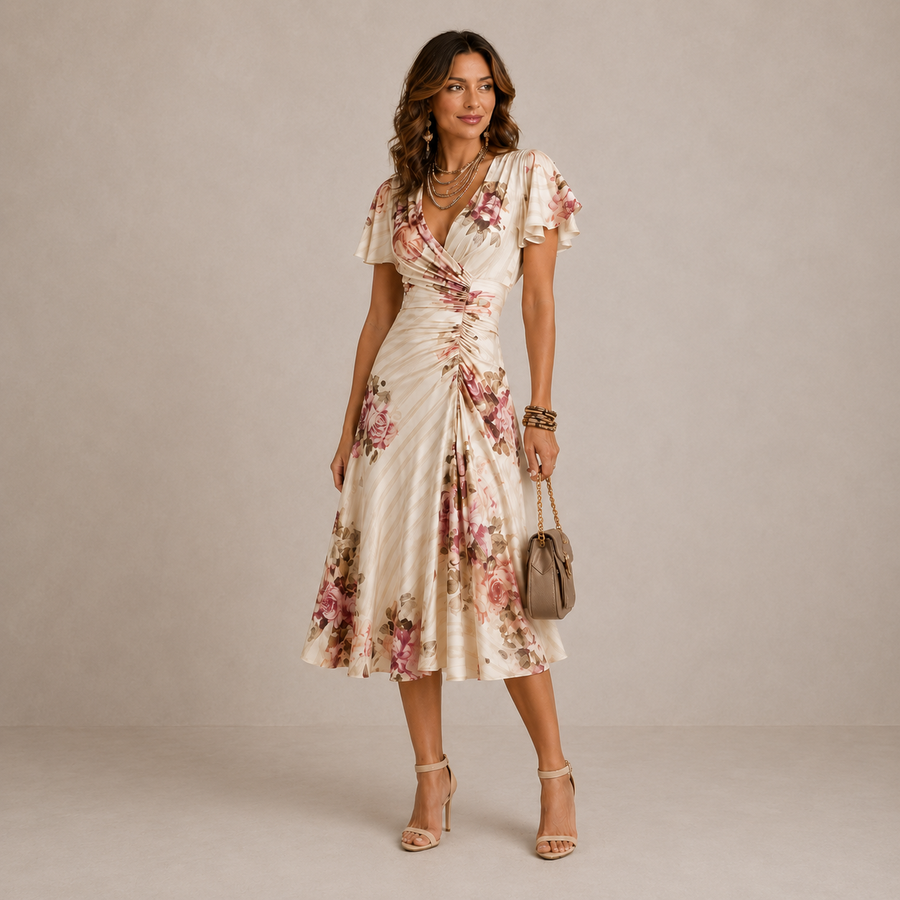 Margaret | Vintage Floral Satin Midi Dress