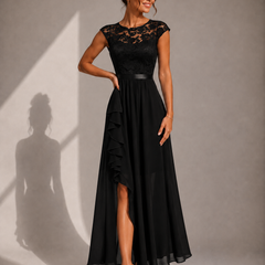 Justine | A-Line Chiffon Maxi Dress with Lace