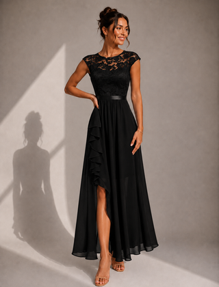 Justine | A-Line Chiffon Maxi Dress with Lace