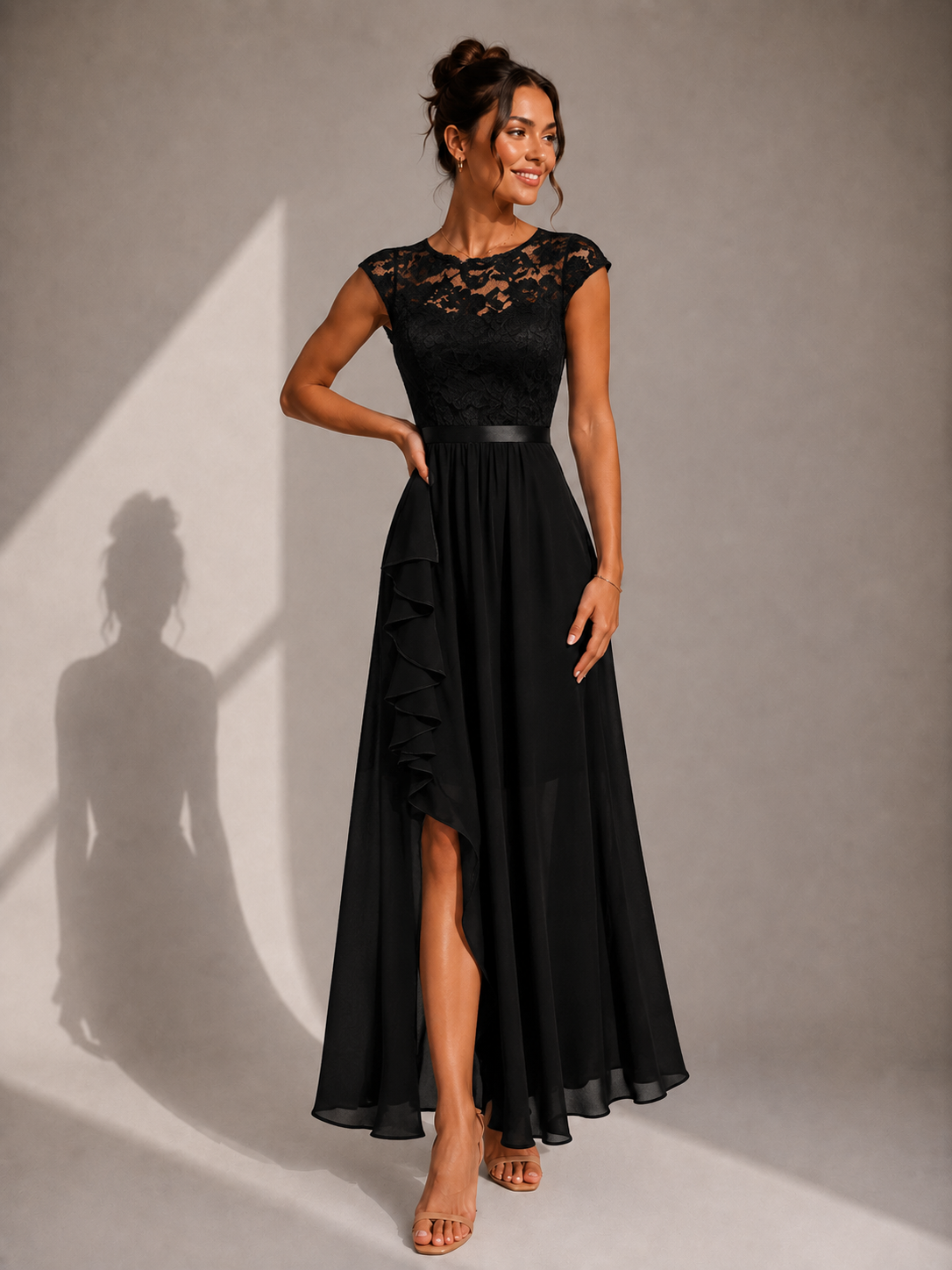 Justine | A-Line Chiffon Maxi Dress with Lace