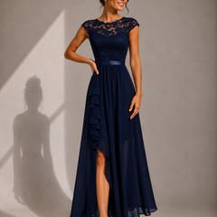 Justine | A-Line Chiffon Maxi Dress with Lace