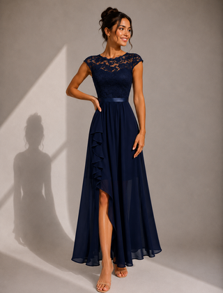 Justine | A-Line Chiffon Maxi Dress with Lace
