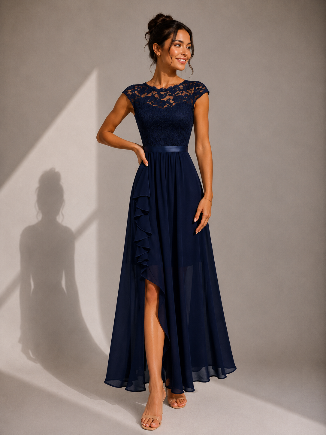 Justine | A-Line Chiffon Maxi Dress with Lace