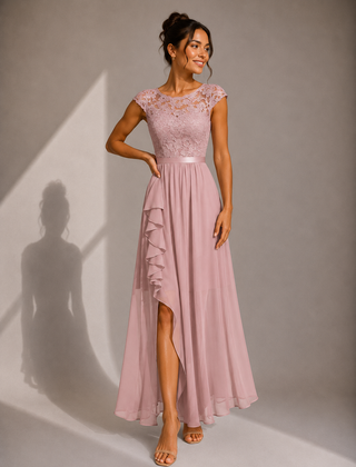 Justine | A-Line Chiffon Maxi Dress with Lace