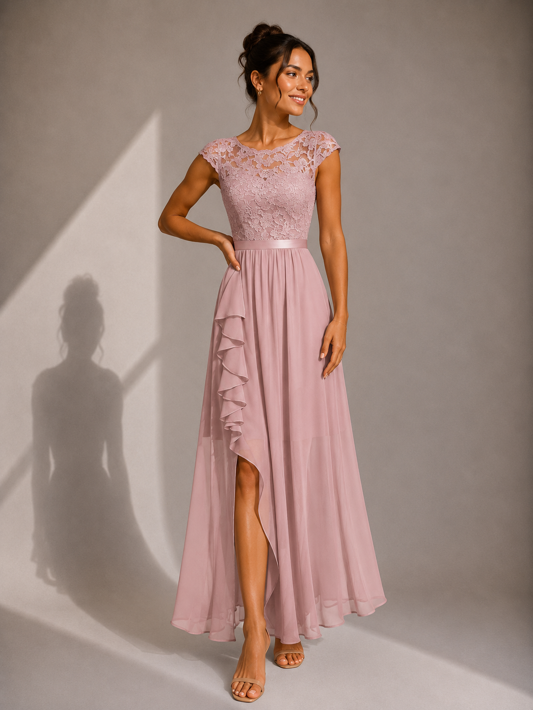 Justine | A-Line Chiffon Maxi Dress with Lace