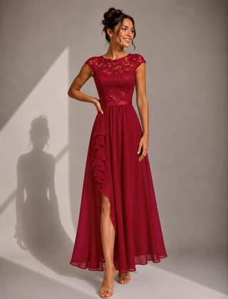 Justine | A-Line Chiffon Maxi Dress with Lace