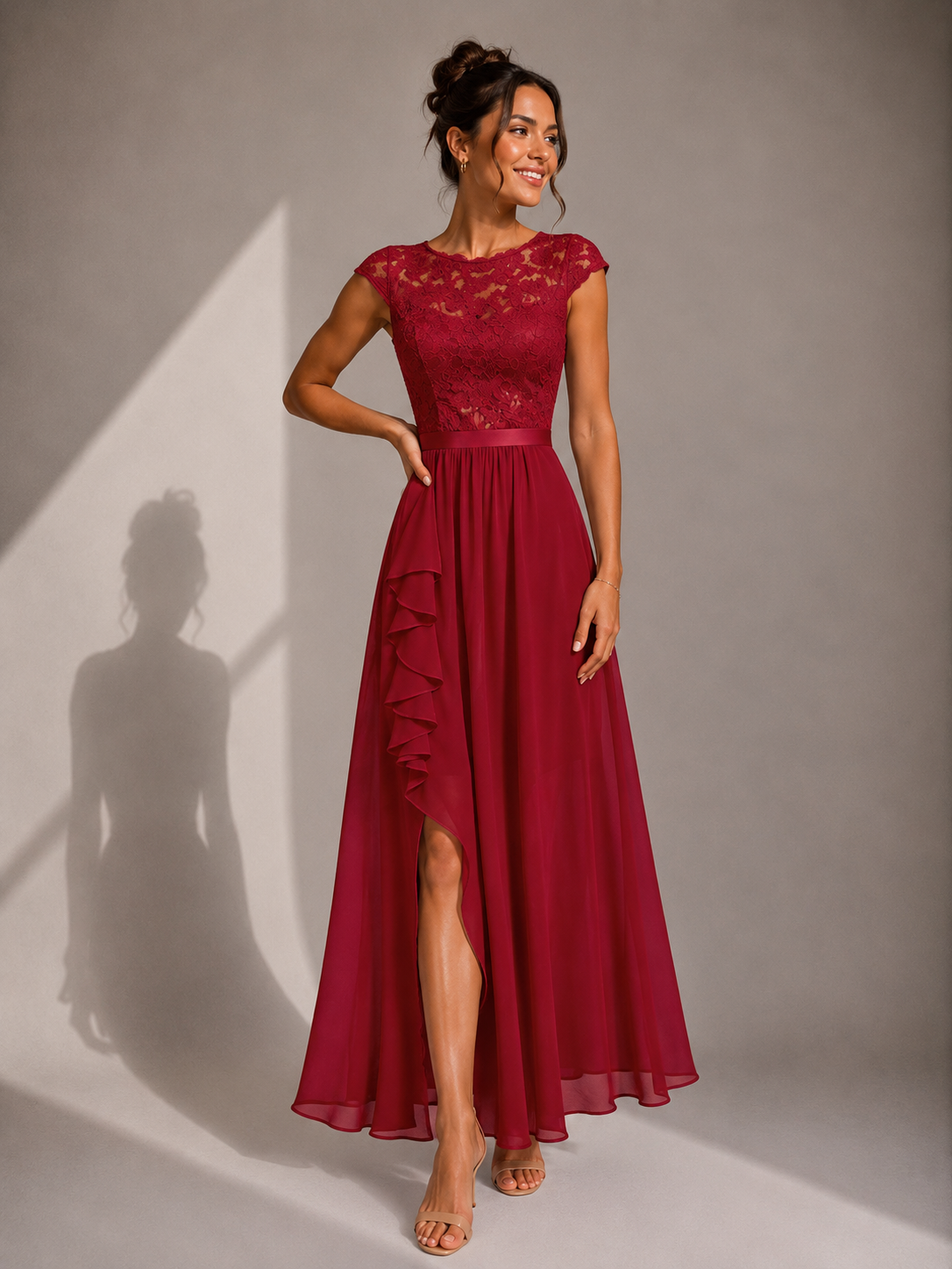 Justine | A-Line Chiffon Maxi Dress with Lace