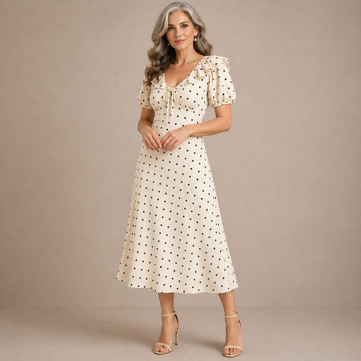 Mirella | Polka-Dot Tie-Neck Midi Dress