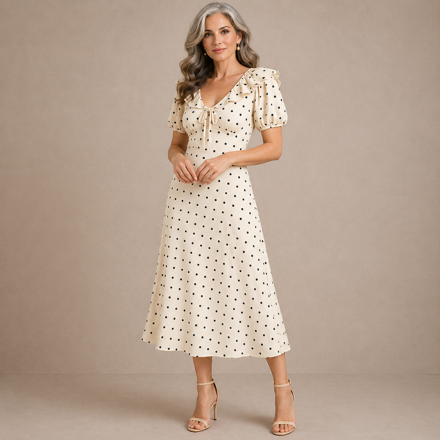 Mirella | Polka-Dot Tie-Neck Midi Dress