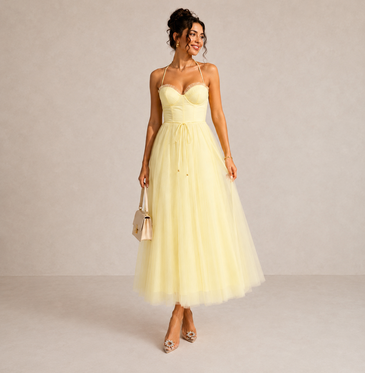 Camilla | Tulle Midi Dress with Open Back and Corset Detail