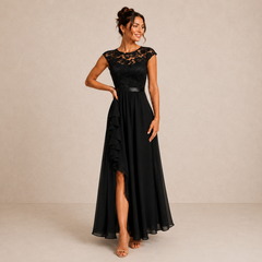 Justine | A-Line Chiffon Maxi Dress with Lace