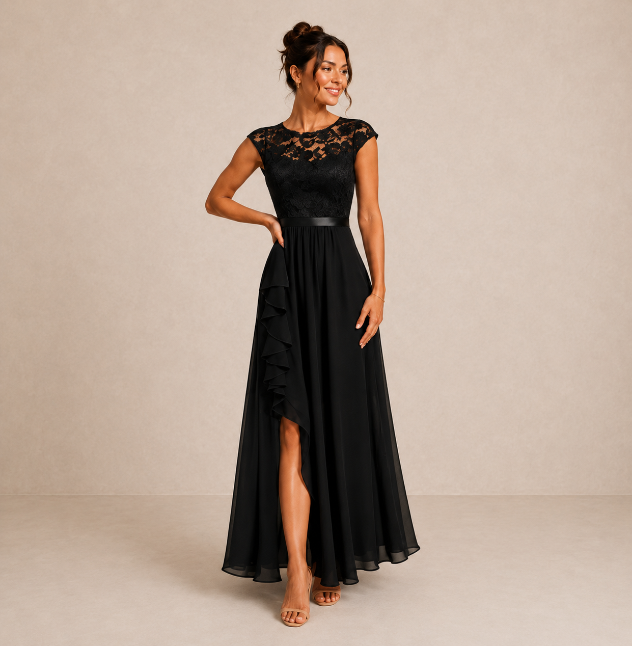 Justine | A-Line Chiffon Maxi Dress with Lace