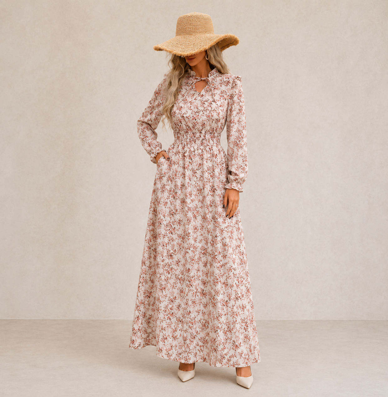 Odette | Tie-Neck Maxi Dress with Puff Sleeves