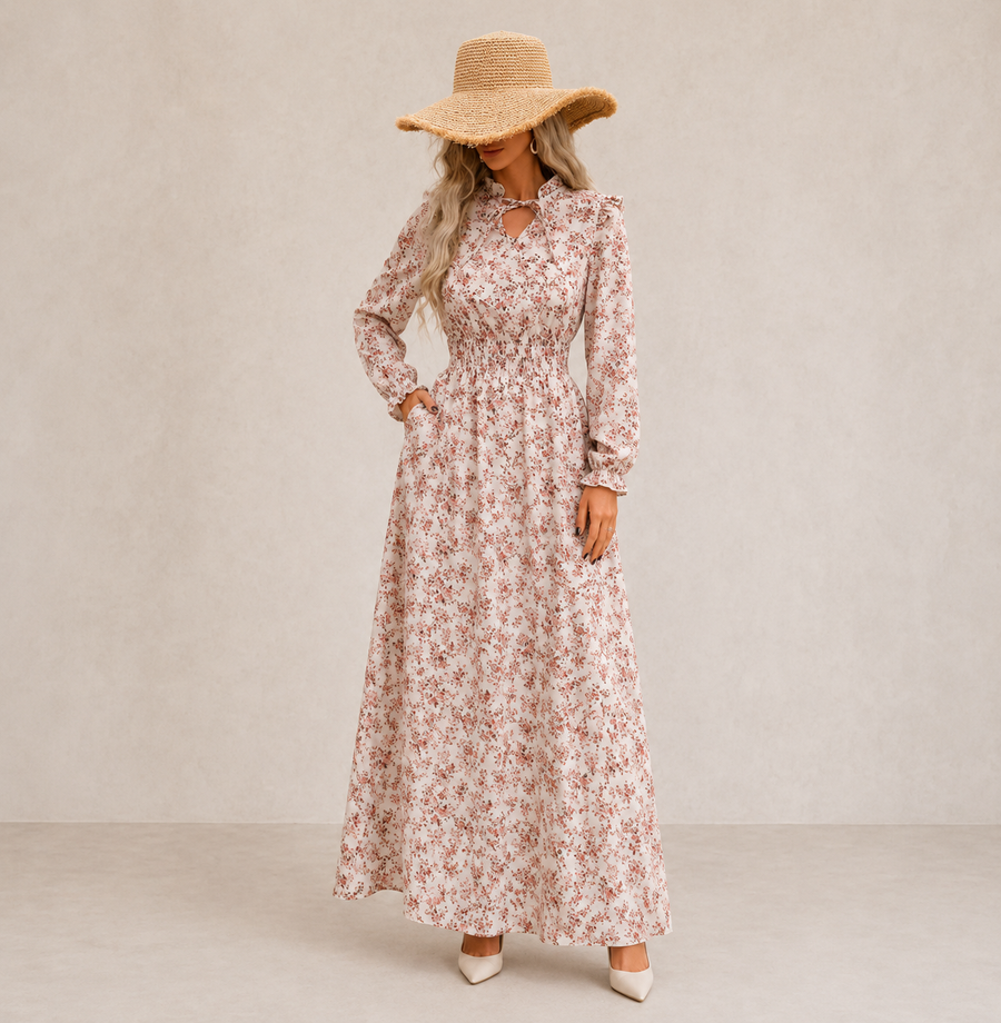 Odette | Tie-Neck Maxi Dress with Puff Sleeves