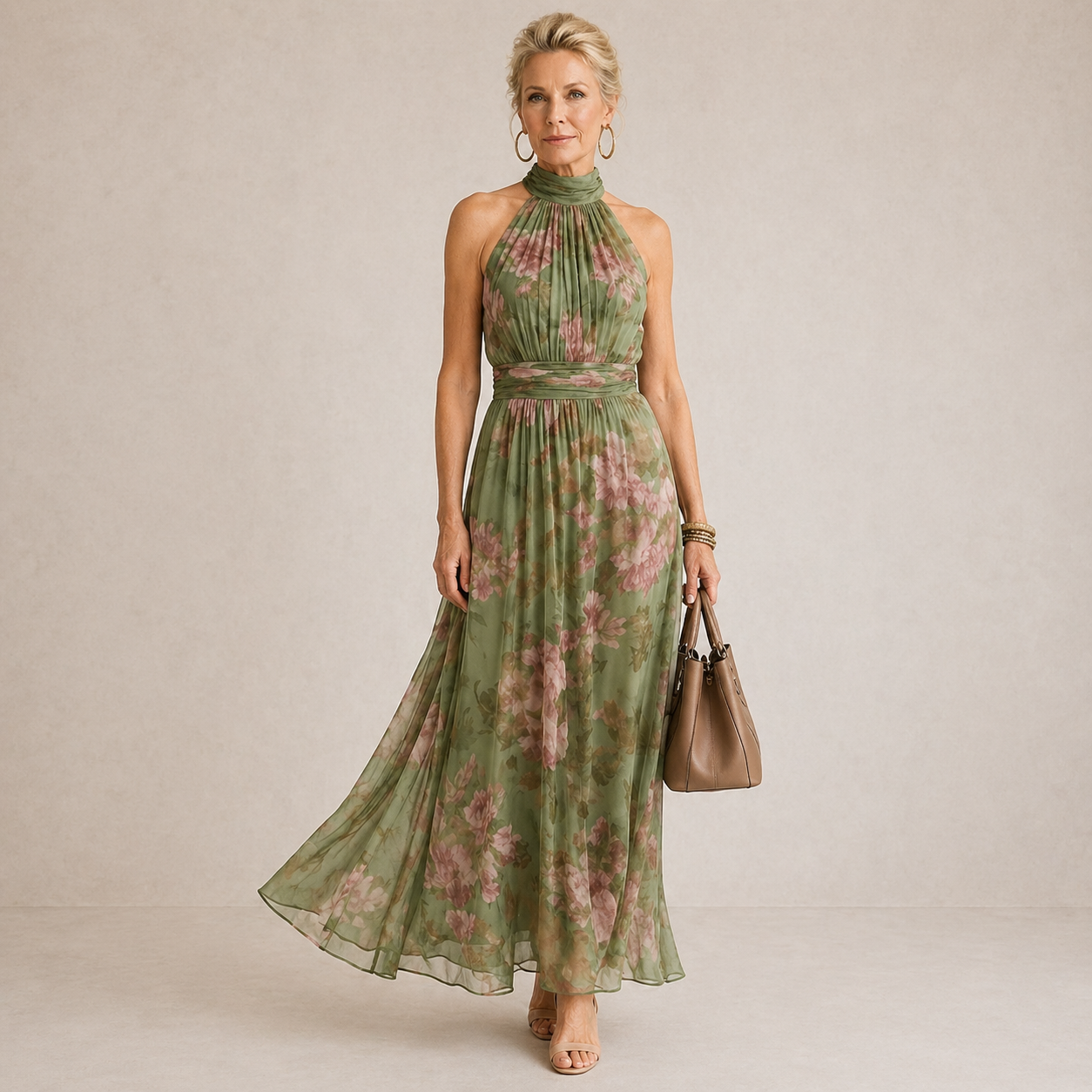 Mireille | Halter-Neck Midi Dress in Sage Green