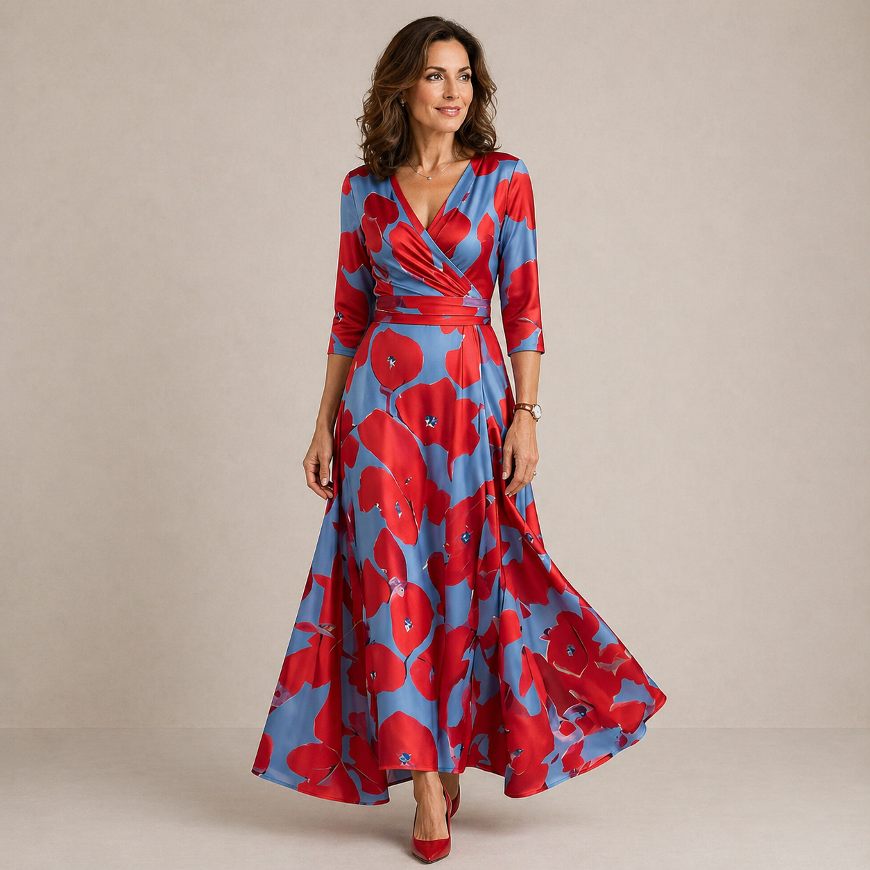 Natalie | Wrap-Neckline Midi Dress with 3/4 Sleeves